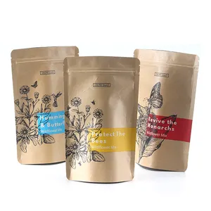 Custom printing reusable food grade seed packaging bags kraft paper zipper stand up pouch for flowers