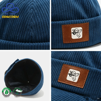 Casquette Docker en velours côtelé bleu rétro, personnalisable, avec patchs brodés, faible MOQ, pour usage quotidien décontracté