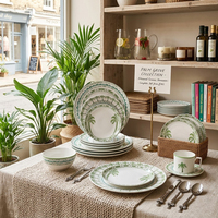 Service de table en céramique personnalisé motif palmier vert, assiettes en porcelaine fine de diverses formes, tasses à thé et à café, soucoupes, ensemble de vaisselle