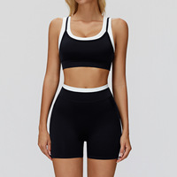 Kleurcontrast Nude Seamless Rib Yoga BH & High Waist Shorts Set, Workout Gym Fitness Activewear Outfit voor Dames