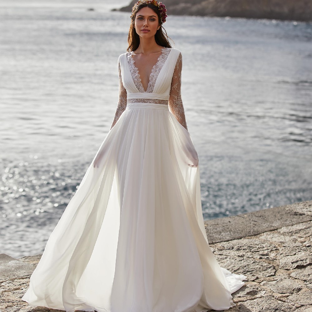 ON448 Wedding Dress - Long Sleeve V-Neck Chiffon Gown