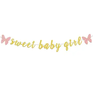 Sweet Baby Girl Gold Glitter Garland Banner with Pink Butterfly Perfect for Baby Shower Baby Girl Birthday Party Decorations