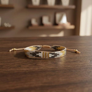 Sstringz Handmade Gold Metallic, Ivory White & Charcoal Grey Miyuki Delica <b>Bead</b> <b>Bracelet</b> with Tribal Geometric Pattern - Product Image 2