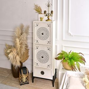 INNOVA Home Kitchen <b>Sideboard</b> Living Room White Wooden Carved Storage Drawer Cabinet with 2 Doors Accent Modern <b>Metal</b> Handles - Product Image 3