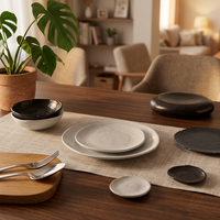 ST Wholesale Ensemble de vaisselle en céramique et porcelaine à glaçure réactive noir et blanc contrastant, assiettes à dîner, assiettes à dessert, pour la restauration, gain de place