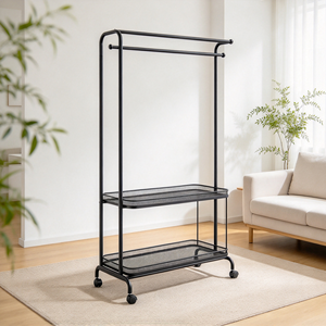 Porte-manteau en métal noir sur roulettes avec étagères en maille pour chambre et salon - Product Image 4