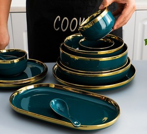 Wholesale Scandinavian Deluxe Luxury Green Porcelain Dinnerware <b>Set</b> Disposable <b>Serving</b> Bowls and Plates for Parties - Product Image 2