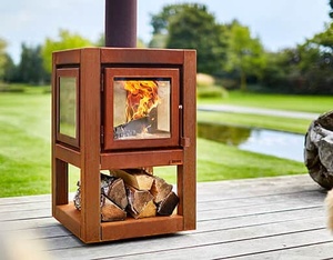 Foyer extérieur en bois avec cheminée en acier Corten, poêle écologique de jardin avec foyer en verre à 4 faces - Product Image 1