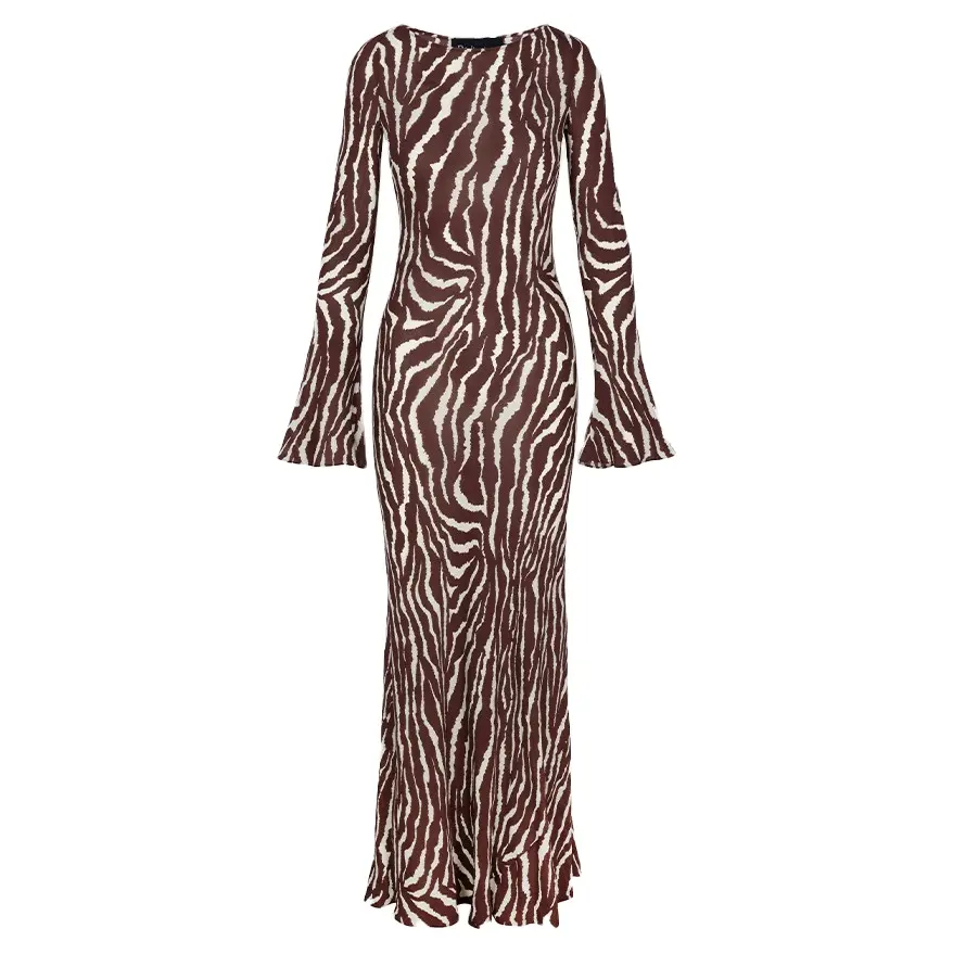 Wild Striped bell sleeve and floor long custom Printed dresses for ladies summer dress