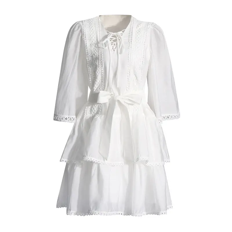Vestido plissado de manga comprida branco liso e elegante com decote em V para mulheres, novidade de 2024