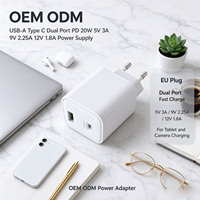 Adaptor Daya USB-A Tipe C Dual Port PD 20W 5V 3A 9V 2.25A 12V 1.8A Colokan EU untuk Tablet dan Pengisi Daya Speaker Telepon