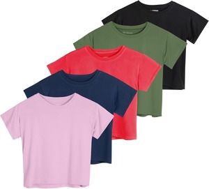Vente en gros de t-shirt athlétique extensible à col ras du cou pour femmes, ample, crop top à manches courtes, design personnalisé - Product Image 1