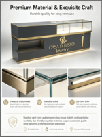 Comptoir de présentation de bijoux noir et or personnalisé avec éclairage LED et verre verrouillable pour magasin de détail