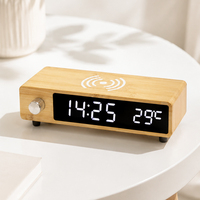 EMAF Bambú Retro Perilla Temperatura Digital Alarma de madera Cargador inalámbrico electrónico Cargador inalámbrico Rápido Reloj de mesa de escritorio