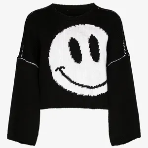 Logo personnalisé 100% laine vierge surdimensionné col ras du cou pull court pour hommes pull tricoté designer smiley intarsia pull en tricot pour hommes