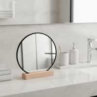 Miroir de table rond en acrylique avec base en bois massif, cadre noir, style Art Déco, miroir de maquillage portable et écologique
