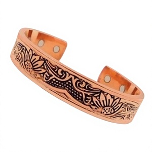 Sunflower Flower Vine Engraved Magnetic Solid Copper Therapy <b>Wristband</b> Handmade <b>Customizable</b> Size Logo Fashionable Metal Jewelry - Product Image 1