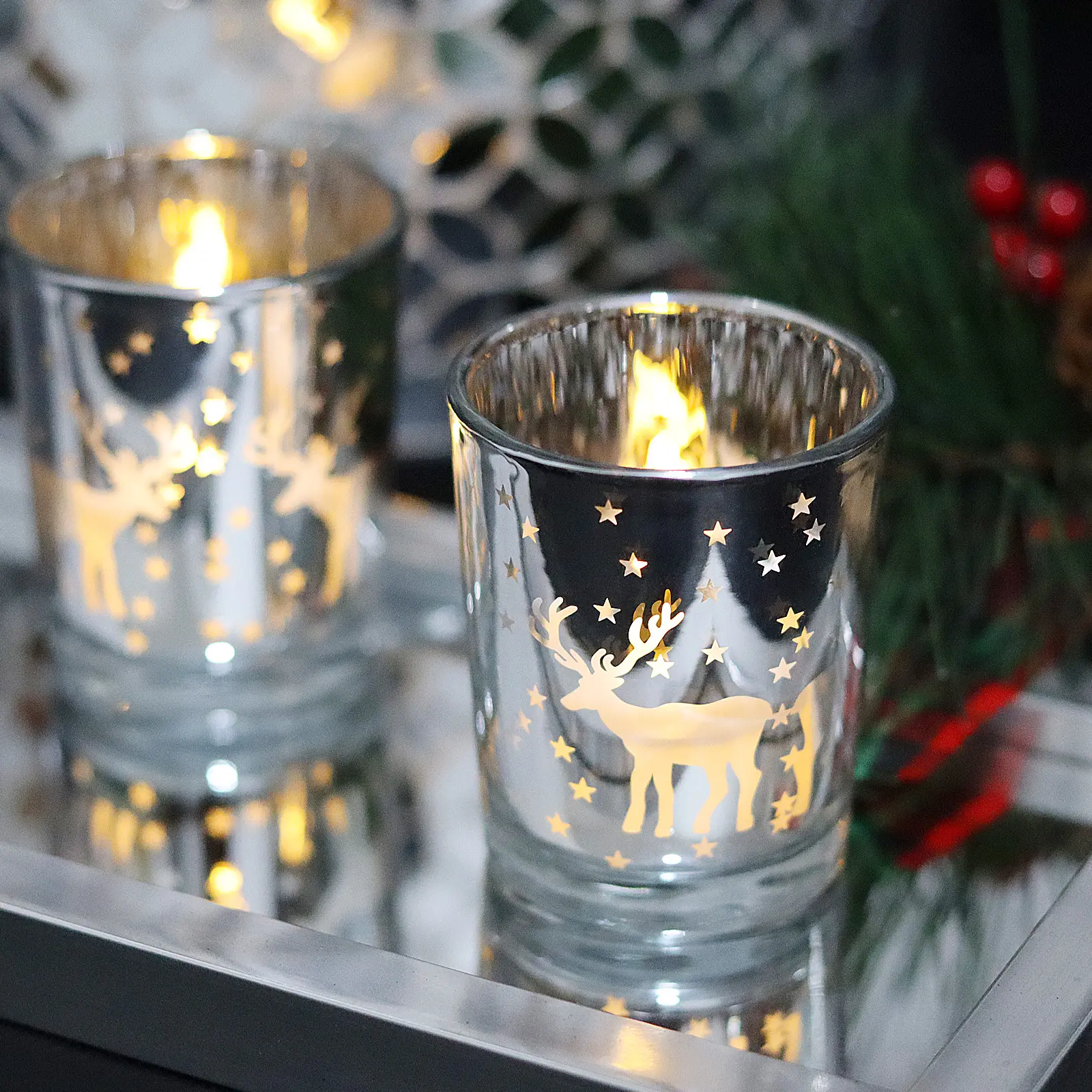 Decorazioni natalizie 12 pezzi alce cervo Mini barattoli di candela di vetro vuoto argento Tealight portacandele Set