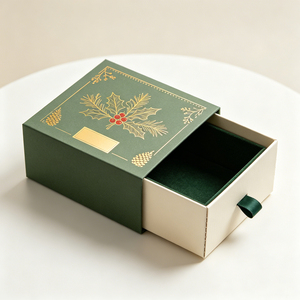 Caja Rígida Verde Oscuro Personalizada con Estampado de Hojas Doradas y Forro Aterciopelado, Caja Deslizable al por Mayor - Product Image 1