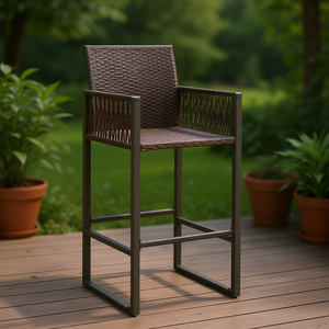 Sgabello da Bar in Rattan PE Marrone con Telaio in Acciaio Verniciato a Polvere, per Uso Esterno in Giardino, Design Moderno e Contemporaneo - Product Image 2