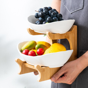 Corbeille à fruits multi-niveaux avec support en <span class=keywords><strong>bambou</strong></span> naturel, plateau à bonbons en plastique et cadre en bois, plateau de service en <span class=keywords><strong>bambou</strong></span> pour comptoir de cuisine - Product Image 3