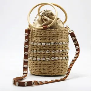 Sunday Round Crochet Drawstring Moroccan Straw Basket 2021 Wholesale Vintage Handmade Woven Shoulder Bucket Beach Bags