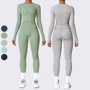 Tuta da ginnastica da donna a manica lunga da palestra abbigliamento da allenamento Top a vita alta pantaloni da Yoga Leggings Set due pezzi da donna - Product Image 1