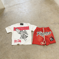 Ensemble de t-shirts vintage à imprimé puff et délavage acide pour hommes, streetwear, strass, manches courtes, survêtement, été, décontracté, sport, deux pièces