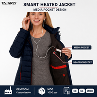 Veste matelassée chauffante pour femme avec double bouton, panneau de commande quadruple et poches zippées rouges pour un usage quotidien en hiver