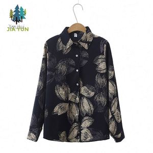 Blus Wanita Eropa Amerika Serikat Motif Bunga, Kerah Berdiri, Lengan Panjang, Kancing Hitam, Kerah Lapel, Model Longgar, Logo Depan - Product Image 1