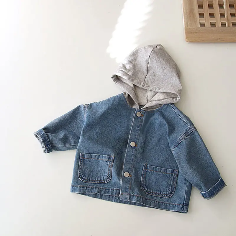 Çocuğun ceket özel Hood Jean için çocuk yürüyor Unisex bebek erkek mavi Denim çocuklar s