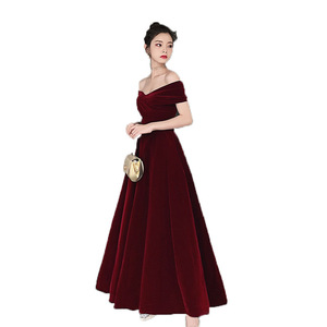 <b>Wine</b> Red Off Shoulder <b>Velvet</b> Evening <b>Dress</b> A Line Empire Waistline For Wedding Engagement - Product Image 5