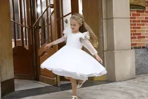 Good Quality Factory Made Solid White Elegant Summer Long Sleeves Organza Baby Girls Party Dress
