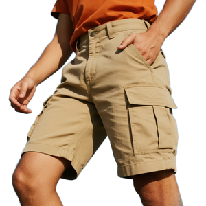 Pantalones Cortos Cargo Color Caqui para Hombre, Cintura Media, Cierre de Botones, Estilo Bermuda Informal, Color Sólido, Material de Lona Transpirable, Diseño con Bolsillos - Product Image 1
