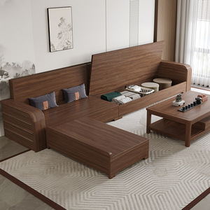 Sofá Moderno de Estilo Chino, Totalmente de Madera Maciza, Nogal Negro Sudamericano, con Espacio de Almacenamiento Elevado, Chaise Longue Esquinera de Doble Uso para Invierno, con Esponja - Product Image 3