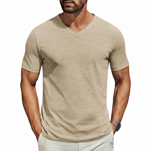 Camiseta con cuello en V para hombre, de algodón de primera calidad, informal, de manga corta, ajustada, transpirable, ligera, de tela suave, para uso diario, ropa básica de moda - Product Image 1