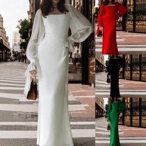 Vestido de novia estilo sirena de manga larga con cuello en U, corte ajustado, cintura natural, estilo transfronterizo, para sesiones fotográficas al aire libre - Product Image 1
