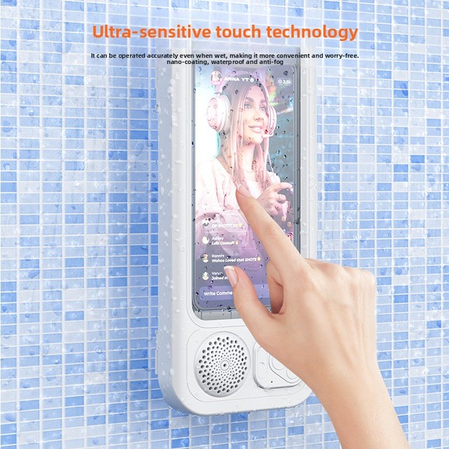 2026 New Waterproof Shower Phone Holder with Bluetooth Speaker Wall/Mirror Mount Universal White