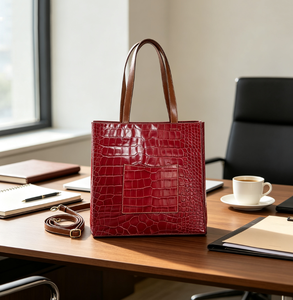 Bolso de Hombro Clásico para Mujer, Color Borgoña, con Estampado de Cocodrilo, Correa Marrón, Bolsillo Frontal, Tipo Shopper - Product Image 1