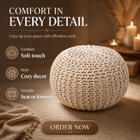 Pouf de rangement ottoman tricoté à la main, style bohème, repose-pieds ivoire 100% coton 18"x18"x14"; Fabriqué en Chine; Repose-pieds double