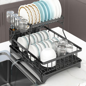 Étagère de rangement multifonctionnelle à <span class=keywords><strong>double</strong></span> niveau en métal pour comptoir de cuisine, égouttoir à vaisselle avec plateau de drainage - Product Image 4
