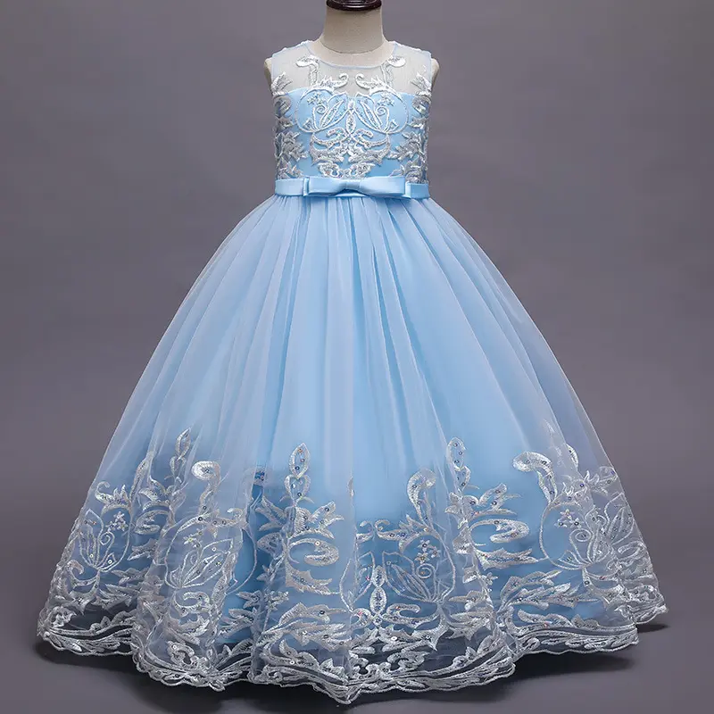 Kai Meisje Lange Blauw Gradiënt Kant Bloem Prinses Jurk Meisje 11 Kleur Bridal Party Dance Verjaardag Taart Jurk