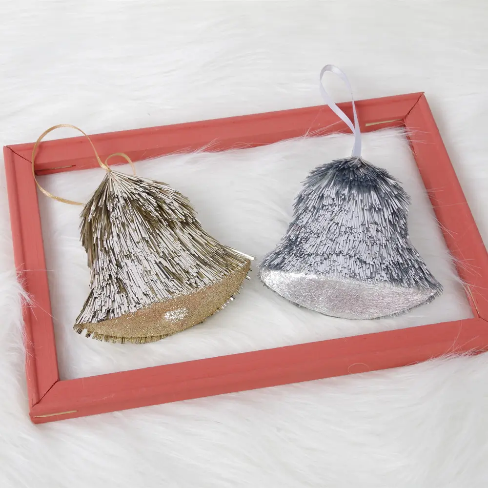 Decorações de natal, vendas de decorações de prata com glitter pendurado na campainha para decoração de árvore de natal