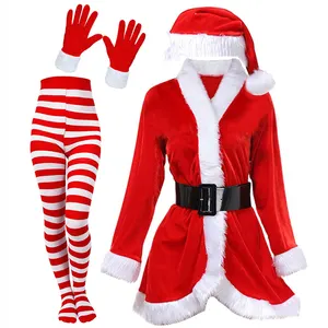 4 Pieces Red Velvet Dress With Christmas Hat Sexy Santa Cosplay Christmas Costumes Women Carnival Party Clubwear Dress