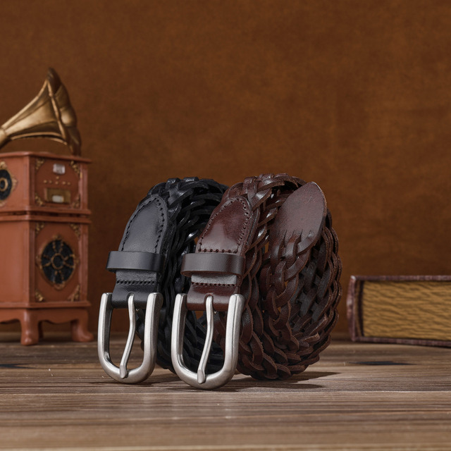 WIZNEERK Vintage Hand Woven Braided Cow Hide Leather Belt Alloy Pin Buckle Lightweight & Durable Unisex Genuine Waistband Stock