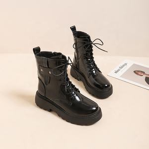 Botines de piel sintética para mujer, estilo otoñal, cómodos, negros, con cordones, de cuero vacuno, con cremallera, suela gruesa, transpirables, con forro de piel - Product Image 1