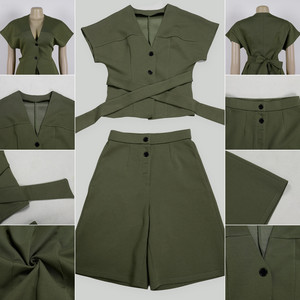 S11219 Completo Estivo da <span class=keywords><strong>Donna</strong></span>: <span class=keywords><strong>Blazer</strong></span> Slim con Fiocco a Maniche Corte e Pantaloni al Ginocchio, Set Due Pezzi per Ufficio - Product Image 6