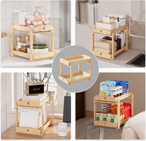 Organisateur de lavabo coulissant à 2 niveaux en bambou moderne pour le rangement domestique du salon, installation facile - Product Image 6