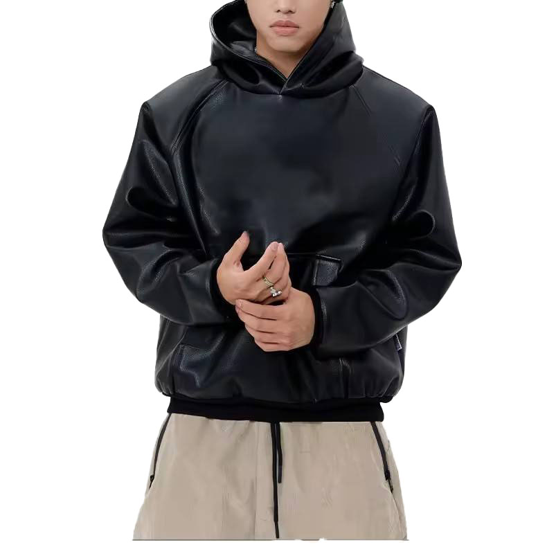 【IMPORT】LONG SLEEVE LEATHER HOODIE Custom-Manufacturer-Hoodies-
