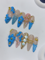 Faux Ongles à Presser en Acrylique Faits Main, Motif Fleur 3D en Argile Bleue, Perle et Chaîne Dorée, Longs Stilettos, pour Usage Professionnel en Salon
